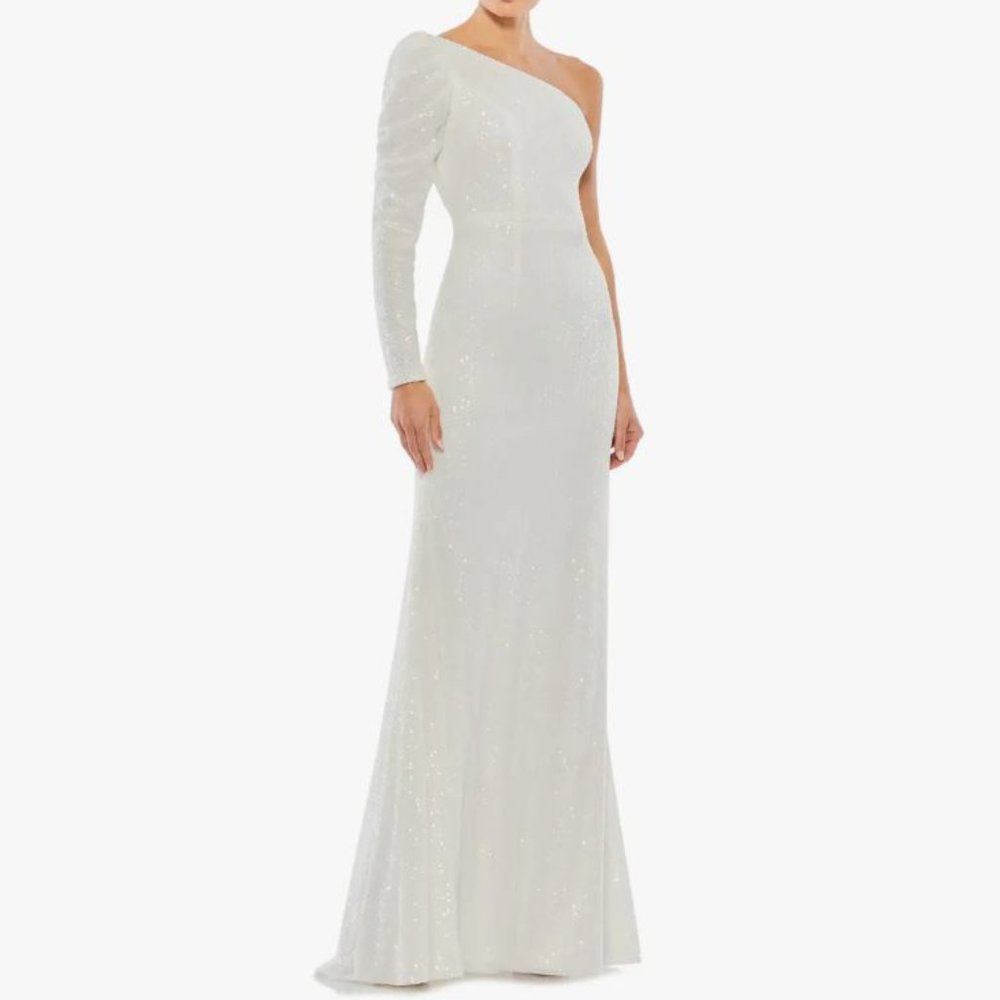MAC DUGGAL Ieena One-Shoulder Sequin Trumpet Gown White 4